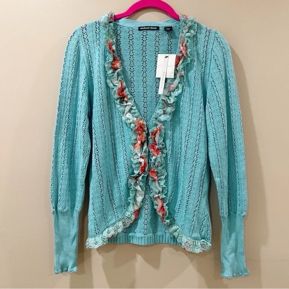 Michael simon knit cardigan sweater trim aqua green size small 90s Y2K